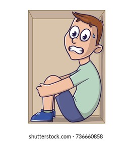 Claustrophobia, fear of closed spaces. A frightened young man in a box. Vector illustration, isolated on white background.