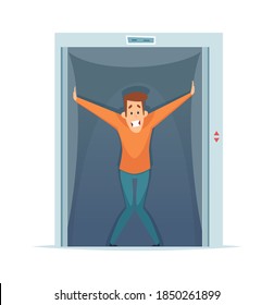 Claustrophobia. Frightened man in elevator, fear of confined space. Mental phobia vector illustration