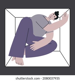 Claustrophobia. Frightened man sitting in closed cube. Mental health or disorder concept. Flat isolated vector illustration.