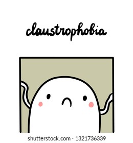 Claustrophobia hand drawn illustration with cute marshmallow inside lift