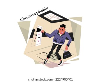 Claustrophobia. Man is closed in elevator and is having a panic attack. Fear of confined space. Vector illustration