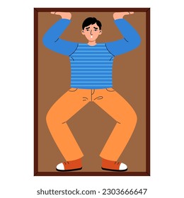 Claustrophobia, phobia psychology concept. Fear of confined spaces. Man with panic attack limited in narrow closed space. Flat vector illustration.