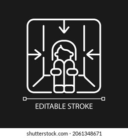 Claustrophobia white linear icon for dark theme. Mental disorder and phobia. Psychological problem. Thin line customizable illustration. Isolated vector contour symbol for night mode. Editable stroke