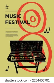 Clavichord, folk, Music festival poster. String musical instruments. Competition.  A set of vector illustrations. Minimalistic design. Banner, flyer, cover, print.