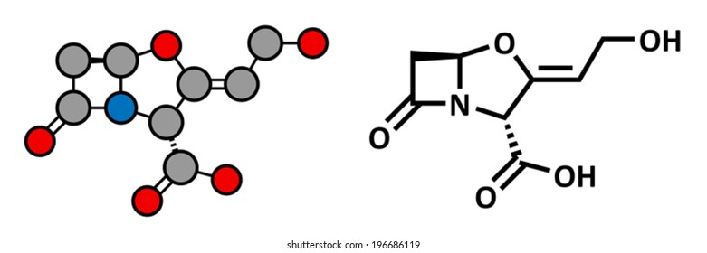 Clavulanic acid beta-lactamase blocker drug, chemical structure. Often combined with beta-lactam class antibiotics. Conventional skeletal formula and stylized representation.