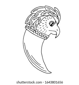 A claw with a bird's head. Talisman. Witchcraft, a witch's tool. Isolated vector element. Simple outline drawing.