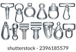 Claw clasps and carabiners flat sketch vector illustration set, different types of clasps, buckles and carabiners for jewellery, climbing equipment, garments dress fasteners, Clothing and Accessories