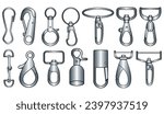 Claw clasps and carabiners flat sketch vector illustration set, different types of clasps, buckles and carabiners for jewellery, climbing equipment, garments dress fasteners, Clothing and Accessories