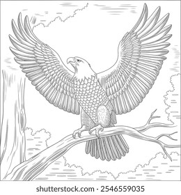 claw, coloring, eyesight, happiness, art, beak, bird, cartoon, computer graphic, illustration, thailand, animal, beauty, cute, design, nature, perching, vector, brown, tree, the eagle coloring page 