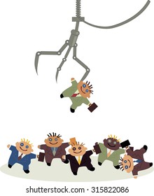 A claw crane arcade game picking up one of many rag doll businessman, metaphor for recruitment or business competition, EPS 8 vector illustration 