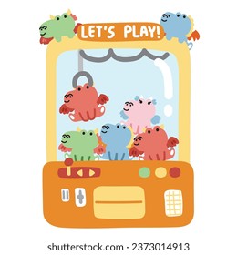 Claw crane game play machine.Dragon doll.Jurassic animal character cartoon design.Baby toy.Pastel.Play time.Kawaii.Vector.Illustration.