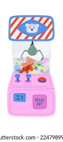 Claw crane grabber machine with toys flat icon Entertainment. Vector illustration