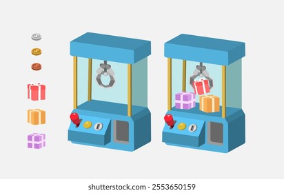 Claw crane grabber machines flat icons set. Machine for catch toys. Entertainment services. 