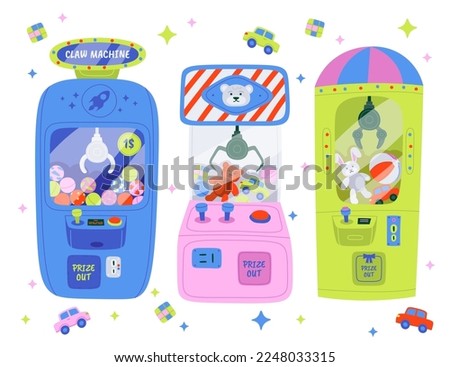 Claw crane grabber machines flat icons set. Machine for catch toys. Fluffy bear, rabbit, colorful ball and car for playing, Entertainment services. Color isolated illustrations