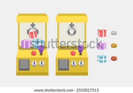 Claw crane grabber machines flat icons set. Machine for catch toys. Entertainment services. 