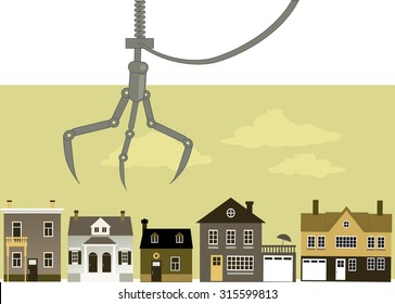 Claw crane hovering over a row of housing representing real estate buyer choice, EPS 8