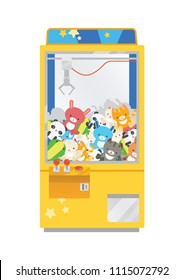Claw crane machine or teddy picker isolated on white background. Arcade game with plush toys inside, gaming device for kid's entertainment. Colorful vector illustration in flat cartoon style.