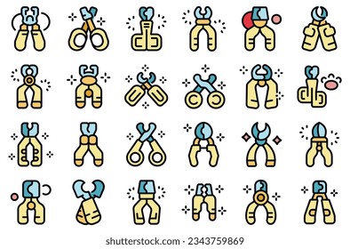 Los iconos de la herramienta de corte de copas establecen el vector de contorno. Animales de gato. Cuidado de mascotas color de línea delgada plano sobre blanco 