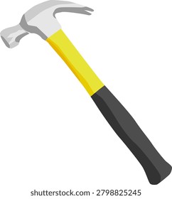 Claw hammer with a bright yellow handle and black grip ideal for carpentry, woodworking, DIY projects and home repair. Clean vector-style image emphasizing tool detail, utility and craftsmanship.
