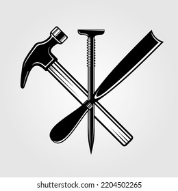 Claw hammer, chisel and nail isolated on white background. Vector illustration	