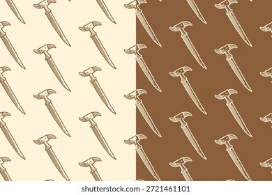 Claw hammer engraved seamless pattern on tan beige background set for carpentry. Craftsman hammer tool hatching pattern background for workshop. Construction hammer line art motif for industry