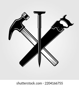 Claw hammer, Hand Saw and nail isolated on white background. Vector illustration