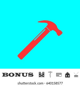 Claw hammer icon flat. Red pictogram on blue background. Vector illustration symbol and bonus buttons Music center, corkscrew, credit card, house, drum