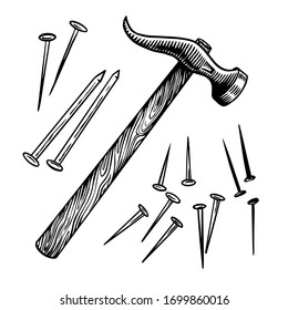 Claw hammer and nails for repair work. Universal Tool or instrument. Vintage label. Hand drawn engraved sketch for T-shirt, logo or badges.