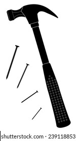 Claw hammer with steel nails. Repair equipment. Rubber handle. Black silhouette vector clip art illustration isolated on white 