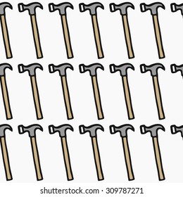 Claw hammer - wood and tools. Hand-drawn seamless cartoon pattern with hammers. Doodle drawing. Vector illustration. 