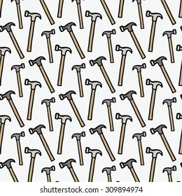 Claw hammer - wood and tools. Hand-drawn seamless cartoon pattern with hammers. Doodle drawing. Vector illustration. 