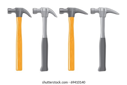 Claw Hammers. The wooden hammers are three colors and the metal hammers are one color. The art can be easily edited or separated for print or screen print.