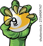 Claw hand nine ball pool billiards sports mascot holding a 9 ball cartoon illustration
