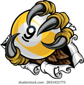 Claw hand nine ball pool billiards sports mascot holding a 9 ball cartoon illustration
