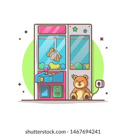 Claw Machine with Cute Teddy Bear Vector Illustration. Child Zone. Doll Icon. Playing Arcade. Coin. Winner. Flat Cartoon Style Suitable for Web Landing Page, Banner, Flyer, Sticker, Card, Background