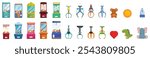 Claw machine game icons set. Colorful claw crane machines and various prizes including stuffed animals, toys, and other objects, creating a fun arcade atmosphere