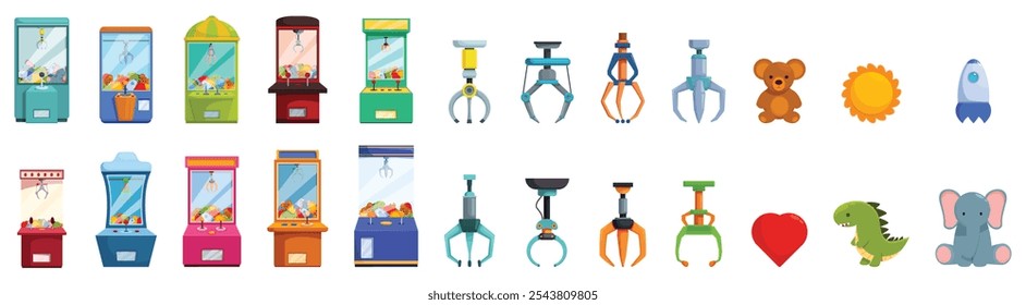 Claw machine game icons set. Colorful claw crane machines and various prizes including stuffed animals, toys, and other objects, creating a fun arcade atmosphere