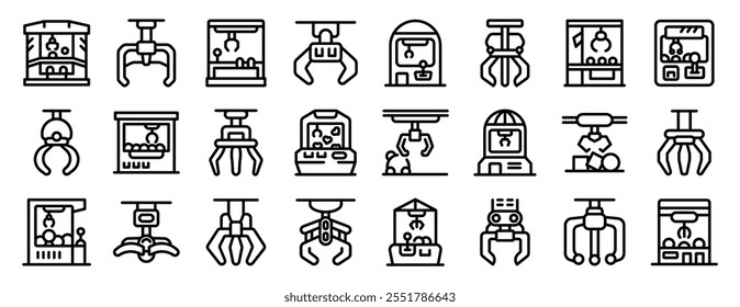 Claw machine game icons set. Collection of claw crane machines gripping various items, showcasing arcade entertainment and the challenge of winning prizes 