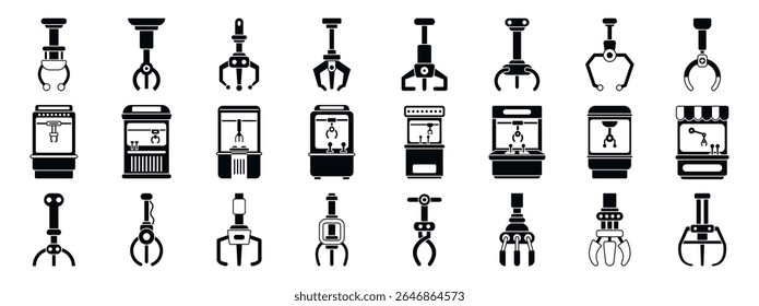  Garra máquina jogo ícones conjunto. Manipulador de máquina de agarrador diferente pegando brinquedos no jogo de arcade ícones simples conjunto isolado no fundo branco para web design