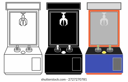 Claw machine icon set.also known as skill cranes, claw cranes, crane games, teddy pickers, UFO catchers.vector, illustration in line, outline, colorful, silhouette style.