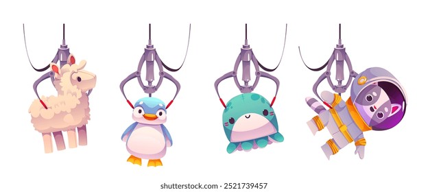 Claw machine toys set isolated on white background. Vector cartoon illustration of cute plush sheep, penguin, kawaii octopus, racoon astronaut caught by grabber, amusement park prizes, nice gifts