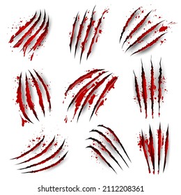 Claw Marks With Blood Scratches, Tiger Or Panther Beast Animal Paw Nails, Realistic Vector Background. Wild Cat Or Lion And Bear Claw Slashes, Monster Werewolf Scratches And Shreds With Blood Stains