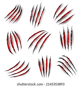 Claw Marks With Blood Scratches Of Tiger Beast Or Lion And Bear, Vector Wild Animal Paw Slashes. Panther Wild Cat Or Monster Werewolf Claw Slashes With Red Bloody Ripped Marks And Scratch Shreds