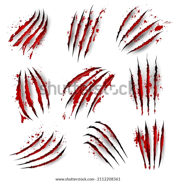 Claw marks with blood scratches, tiger or panther\
beast animal paw nails, realistic vector background. Wild cat or\
lion and bear claw slashes, monster werewolf scratches and shreds\
with blood stains
