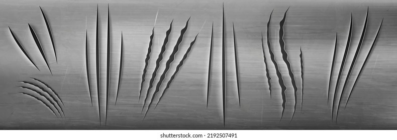 Claw marks on metal wall, monster talon scratches on metallic surface, wild animal nail slashes, paw rips, sherds on grey background. Beast breaks, traces texture, Realistic 3d vector illustration