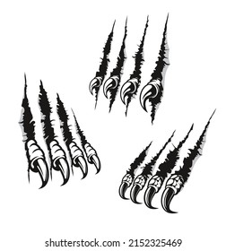 Claw marks scratches bird of prey and dragon long nails. Vector monster fingers tear through paper or wall surface. Beast paw sherds attack, isolated wild animal rips, four talons traces break slashes