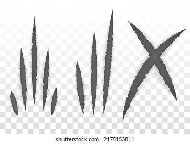 Claw marks, scratches, torn traces of animal paw slashes. Claw scratchs black silhouette. Art design. Talons cuts animal cat, dog, tiger, lion. Abstract concept graphic element. Vector werewolf symbol