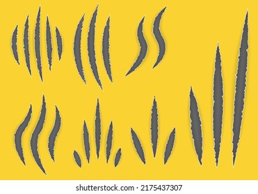 Claw marks, scratches, torn traces of animal paw slashes. Claw scratchs black silhouette. Art design. Talons cuts animal cat, dog, tiger, lion. Abstract concept graphic element. Vector werewolf symbol