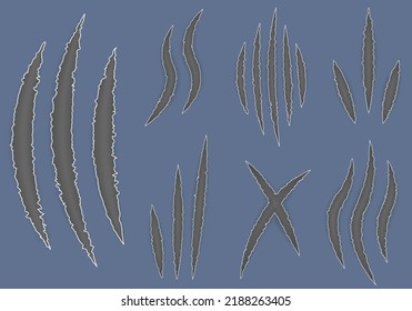 Claw marks, scratches, torn traces of animal paw slashes. Art design. Talons cuts animal cat, dog, tiger, lion. Claw scratchs black silhouette. Abstract concept graphic element. Vector werewolf symbol