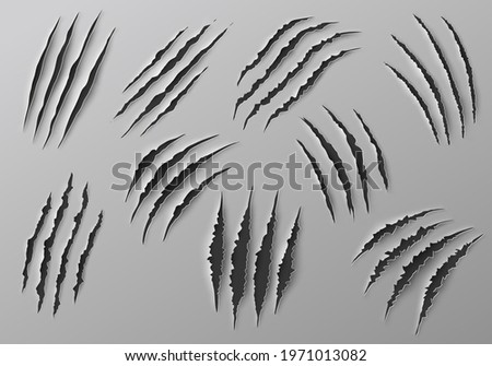 Claw marks, scratches and torn traces of vector animal paw slashes. Monster claw marks of wild tiger, lion, cat or bear attacks, dinosaur or werewolf aggressive traces, Halloween or horror themes Stock fotó © 